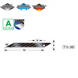 Сегментні леза 9мм TAJIMA Acute Angle Razar Black Blades CB39RB кут 30°, 10 шт.